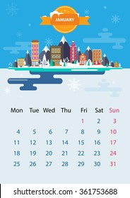 January. Calendar for 2016 in A4 format. The first day of the week - Monday. Style flat design. Set 3. Landscape of a small town on the background of nature.. Stock. Illustration. Image. Vector.