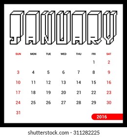 January Calendar 2016 Vector Design Template. Week Starts Sunday. vector illustration
