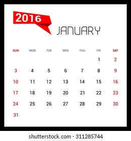 January Calendar 2016 Vector Design Template. Week Starts Sunday. vector illustration