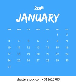 January Calendar 2016 Vector Design Template. Week Starts Sunday. vector illustration