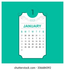 January Calendar 2016 Vector Design Template. Floral art Vintage card background. Week Starts Sunday. vector illustration