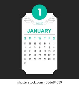 January Calendar 2016 Vector Design Template. Floral art Vintage card background. Week Starts Sunday. vector illustration