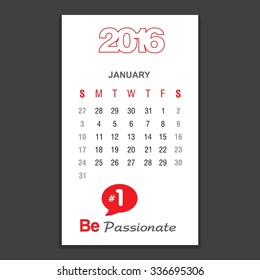 January Calendar 2016 Vector Design Template. Week Starts Sunday. vector illustration
