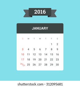 January Calendar 2016. Vector flat design template, ready to print
