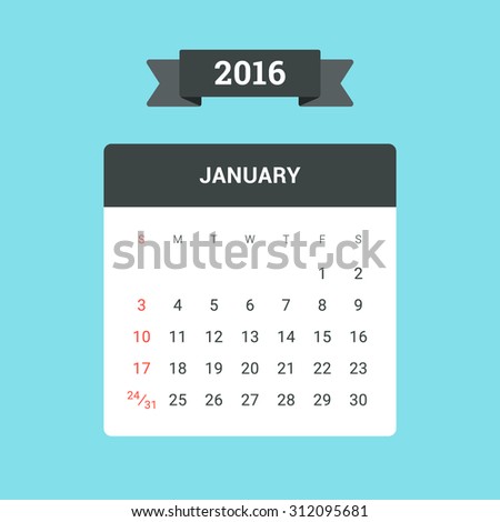 January Calendar 2016. Vector flat design template, ready to print