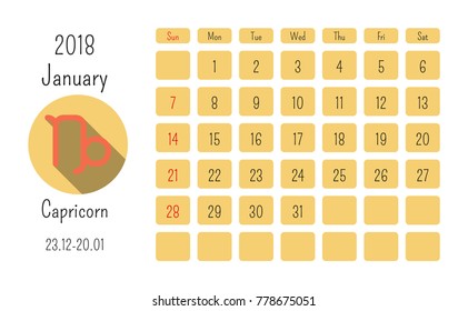 January calendar 2018 with horoscope signs zodiac symbols, flat colored template.