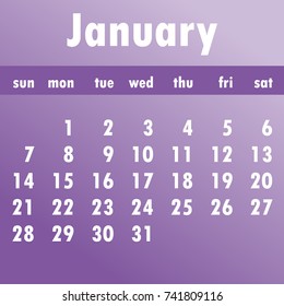 January calendar 2018.  Week starts on Sunday. Business vector illustration  template for one month 2018 years.