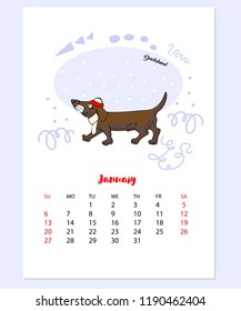  January  Calendar 2019 with Funny Dachshund  Sketch. Hand drawn animals vector illustration