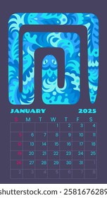 January calendar 202. Bright colored snake, vector illustration.