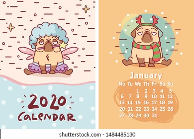 january calendar 2020 with cartoon pug dog in deer horns and scarf and vector illustration of pug dog with magic wand in tutu anf wings costume