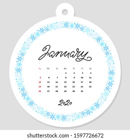 January calendar 2020. Calendar template decorated with hand lettered name of months of the year on background of beautiful floral circle frame. Vector illustration 8 EPS.