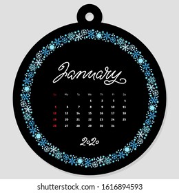 January calendar 2020. Calendar template decorated with hand lettered name of months of the year on background of beautiful floral circle frame. Vector illustration 8 EPS.