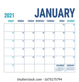 January calendar 2021. English calender template. Vector square grid. Office business planning. Creative design. Blue color