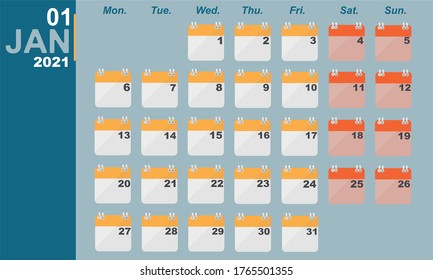 January calendar for 2021. Calendar, vector, banner.