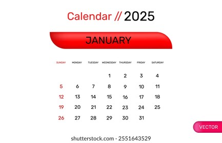 january calendar 2025 sunday start corporate design concept vector design on background .design template.