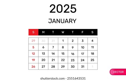 january calendar 2025 sunday start corporate design concept vector design on background .design template.