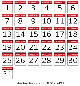 January calendar cards. Set of 31 icons with all dates mentioned along with month name. Calendar Days Of Year. Daily calendar icon set of January month. Vector illustration. 1st to 31st January dates.