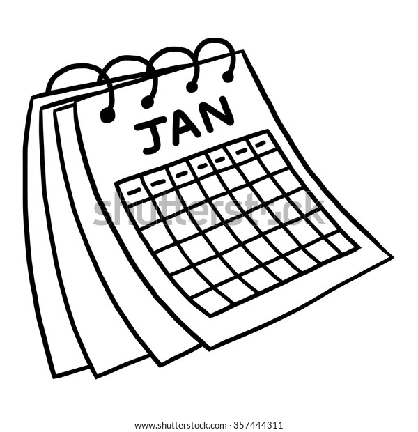 1月のカレンダー カートーンのベクター画像とイラスト 白黒 手描きのスケッチスタイル 白い背景 のベクター画像素材 ロイヤリティフリー