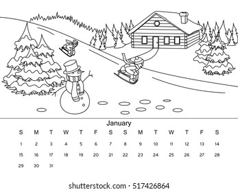 January calendar with coloring book image. Black and white drawing. Cartoon hand drawn vector illustration