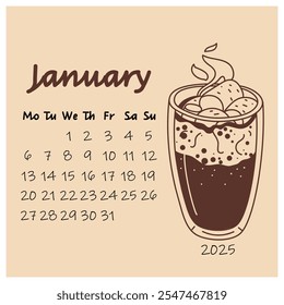 Diseño de calendario de enero para 2025 con una taza de chocolate caliente con malvaviscos. El mes de invierno. Un planificador de calendario pintado en un estilo minimalista, un organizador anual. Números para cada día