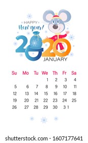 January calendar. Design page 2020. Little mouse Santa Claus and a bag of gifts. Chinese New Year. Mouse symbols of the year. Vector illustration isolated on a white background.