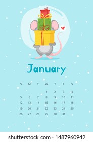 January calendar flat vector template. Children planner for 2020 year. Basic grid design with mascot. Organizer with text and numbers on blue backdrop. Cute mouse with gift boxes illustration
