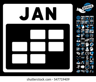 January Calendar Grid icon with bonus calendar and time management pictures. Vector illustration style is flat iconic symbols, blue and white, black background.