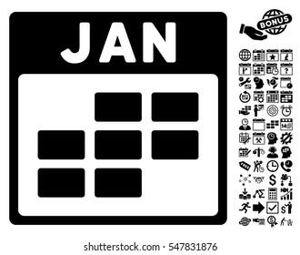 January Calendar Grid icon with bonus calendar and time management images. Vector illustration style is flat iconic symbols, black, white background.