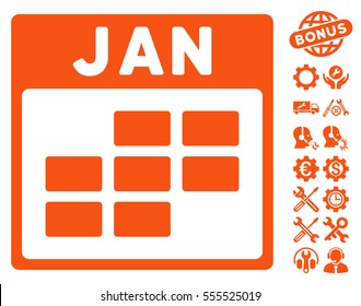 January Calendar Grid icon with bonus tools images. Vector illustration style is flat iconic symbols, orange, white background.