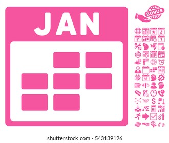 January Calendar Grid pictograph with bonus calendar and time management graphic icons. Vector illustration style is flat iconic symbols, pink, white background.