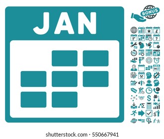 January Calendar Grid pictograph with bonus calendar and time management pictures. Vector illustration style is flat iconic symbols, soft blue, white background.