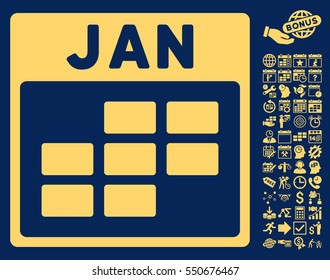 January Calendar Grid pictograph with bonus calendar and time management images. Vector illustration style is flat iconic symbols, yellow, blue background.