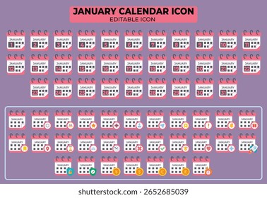 Conjunto de iconos de calendario de enero, Ilustraciones vectoriales editables para planificación, organización y diseño,