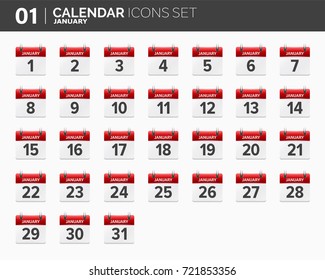 January. Calendar icons set. Date and time. 2018 year.