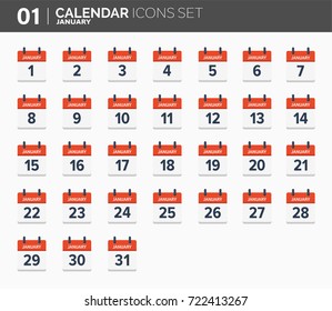 January. Calendar icons set. Date and time. 2018 year.