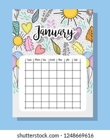 january calendar information with flowers and leaves
