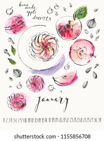 January calendar with ink calligraphy elements and sweet dessert illustration. Ink and watercolor stain apples, cake, macaron and marshmallow. For planner or organizer design.