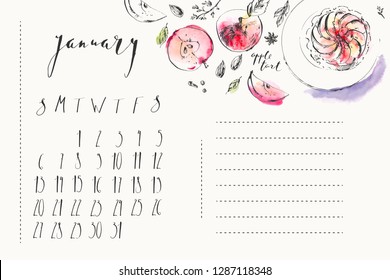 January calendar with ink calligraphy elements and apple tart recipe ingredients watercolor illustration. Background design with space for notes. Planner and culinary book page.