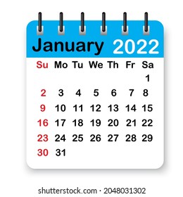 January calendar page icon. Blue spiral leaf. Winter 2022. Organizing concept. Vector illustration. Stock image. 