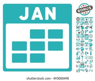 January Calendar Page icon with bonus calendar and time management pictogram. Vector illustration style is flat iconic bicolor symbols, grey and cyan colors, white background.