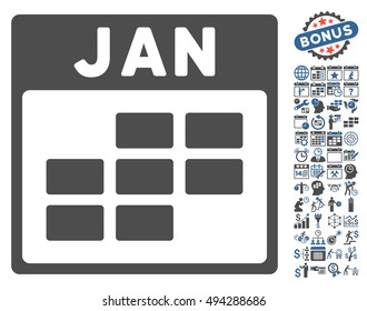 January Calendar Page pictograph with bonus calendar and time management pictogram. Vector illustration style is flat iconic bicolor symbols, cobalt and gray colors, white background.