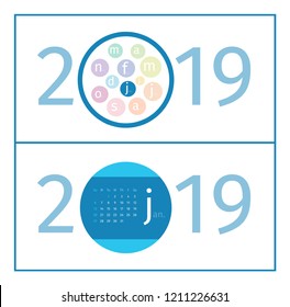 January Calendar Page Template 2019.  Design of months in form of circles in the middle of number 2019. Name of month is abbreviated with  increased first letter. EPS 10 Vector.