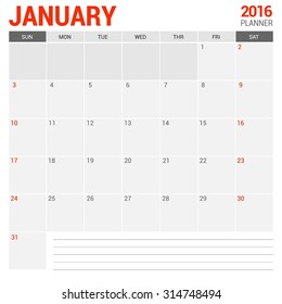 January Calendar Planner 2016 Vector Design Template. Week Starts Sunday. vector illustration