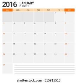 January Calendar Planner 2016 Vector Design Template. Week Starts Sunday. vector illustration