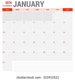 January Calendar Planner 2016 Vector Design Template. Week Starts Sunday. vector illustration