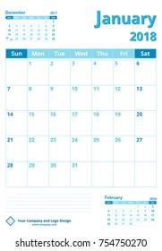 January Calendar Planner for 2018. Simple calendar template. Week starts from Sunday.