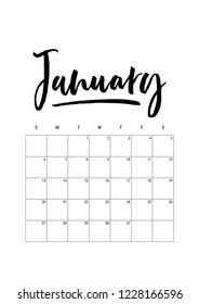 January. Calendar planner 2019, week starts on Sunday. Part of sets of 12 months. Wall desk calendar vector template print A4 size, simple black and white minimal design ink hand drawn lettering