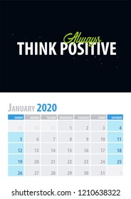 January. Calendar Planner 2020 with motivational quote on black background. Vector illustration