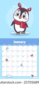 January calendar planner featuring a cute baby penguin in a red scarf and a set of toy reindeer antlers, surrounded by snowflakes in a cheerful winter theme. Vector illustration.