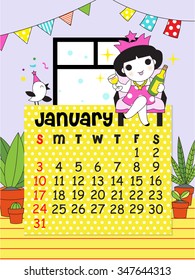 January Calendar template 2016 Cute Character illustration